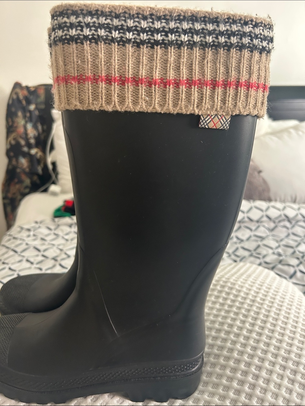 Burberry Black Rain Boots with Knit Beige Cuff and Red Stripe size 7- SALE - Picture 7 of 7